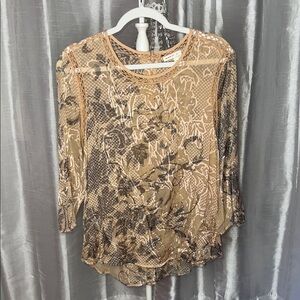 Anthropologie Meadow Rue Sheer Tan and Black Floral Lace Blouse